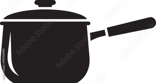 Black pot, saucepan, cooking vessel, kitchen icon, vector illustration