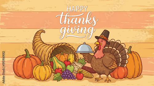 Happy Thanksgiving Illustration with Turkey and Cornucopia on Wood
