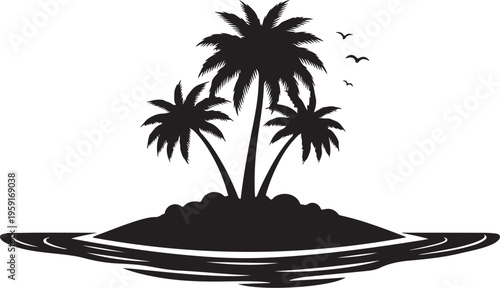 Tropical island, palm tree silhouette, black vector icon, minimalist travel symbol