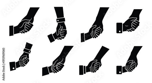 Diverse hands connecting in various symbolic handshake illustrations