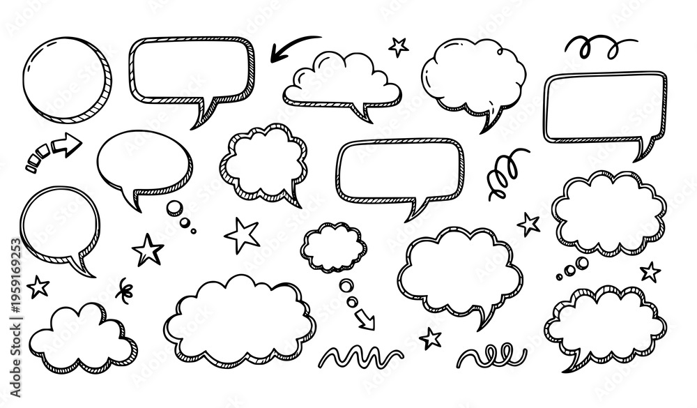Fototapeta premium Hand-drawn speech bubbles and doodle elements vector set in black on white background