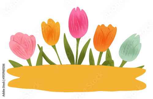 Happy Mothers Day Greeting Card Template with Cute Hand Drawn Tulip Row and Ribbon Banner, Bright Colorful Spring Flowers Arrangement, Modern Minimal Design with Copy Space for Text