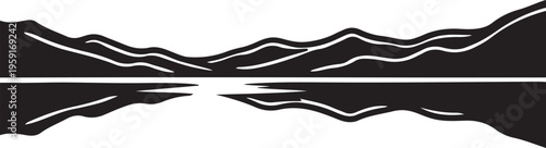 Mountain range landscape silhouette, black and white vector, scenic border design, natural landscape divider