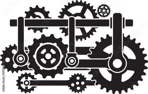 Black gears, mechanical cogs, industrial vector graphics, engineering icons