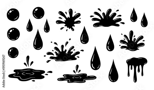 Water drops and splash silhouette vector set in doodle style isolated on white background