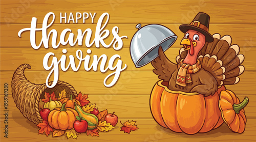 Happy Thanksgiving Cartoon Turkey Pilgrim in Pumpkin Illustration