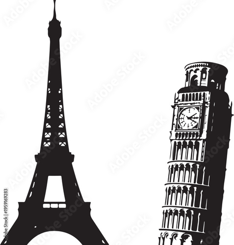 Monochrome Landmarks, Famous Towers, Eiffel Tower, Big Ben Vector Silhouettes
