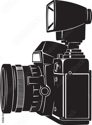 Camera, photography equipment, black illustration, vector graphic, DSLR