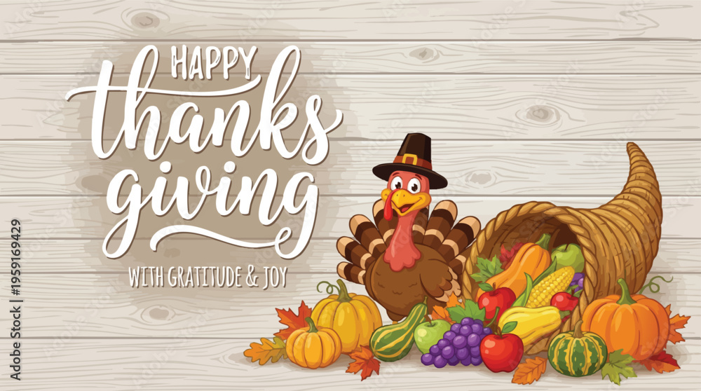 Naklejka premium Happy Thanksgiving Greeting with Turkey and Harvest Cornucopia
