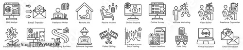 Freelance job icon set. Including Software Engineer, Data Entry, Video Editor, Affiliate Marketing, Dropshipping, Business, Stock Trading, Virtual Assistant, Freelance Writer, Passive Income