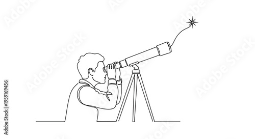 A single male figure, drawn in continuous line art, looks through a telescope mounted on a tripod towards a distant star.