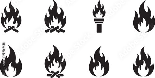 Collection of various fire and flame icons in black