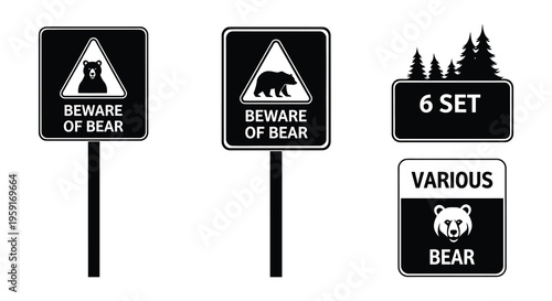 Warning signs depicting bears and a set of various bear related items