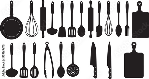 Kitchen Utensils and Tools Silhouette Icons Set Collection