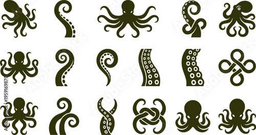 Octopus Tentacles Engraving Set of 6 Black and White Vintage Isolated Sketches

