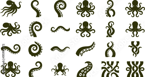 Octopus Tentacles Engraving Set of 6 Black and White Vintage Isolated Sketches
