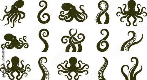 Octopus Tentacles Engraving Set of 6 Black and White Vintage Isolated Sketches
