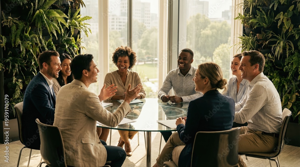 Obraz premium Diverse corporate team laughing and collaborating during a meeting in a sustainable modern office