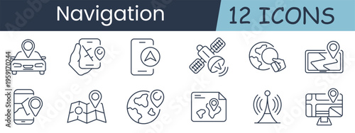 Navigation set icon. Car location, paper map, mobile compass, satellite, globe route, gps screen, city map, earth marker, document route, signal tower, monitor navigation, travel guidance.