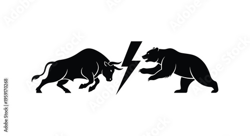 Silhouettes of a powerful bull and a charging bear confront each other, separated by a prominent lightning bolt symbol, presented on a plain white background.