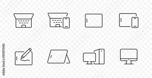 Device mockup set icon. Laptop screen, smartphone preview, tablet frame, interface sketch, desktop computer, monitor display, ui design, digital presentation, technology