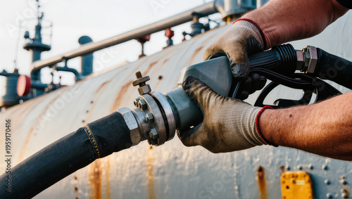 Worker Hands in Protective Gloves Connecting Heavy Duty Industrial Fuel Hose to Storage Tank