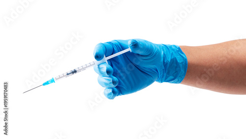 Hand in blue medical glove holding syringe isolated on transparent background