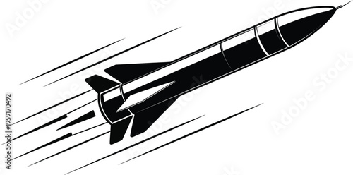 Rocket missile silhouette illustration, black and white fast-flying space projectile icon with military launch design, isolated aerospace technology and weapon symbol for defense and technology graphi