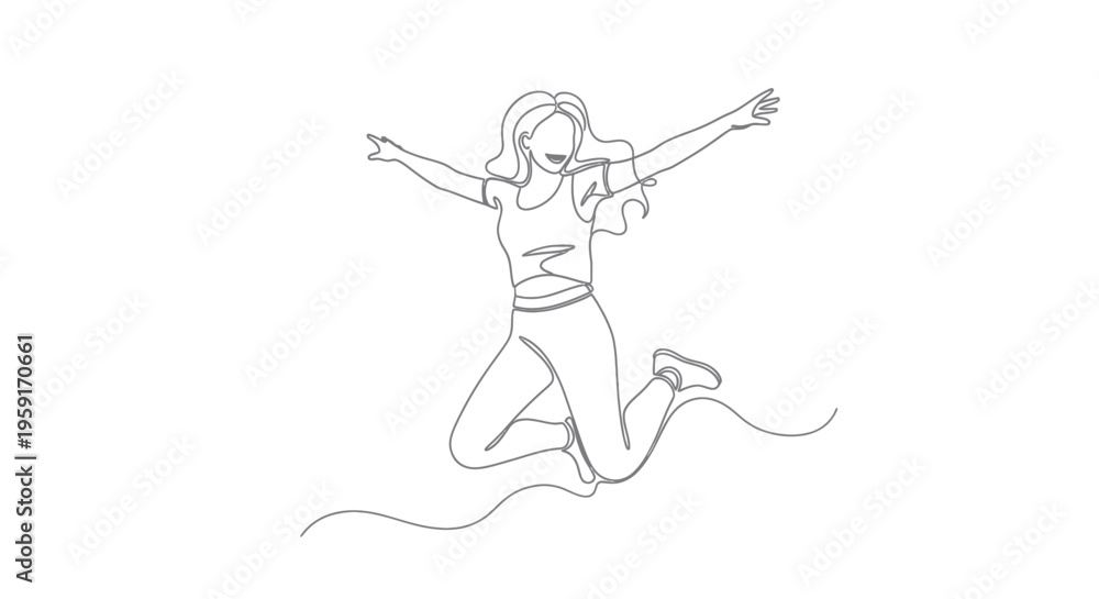 Fototapeta premium Joyful woman jumping with open arms in continuous line art style