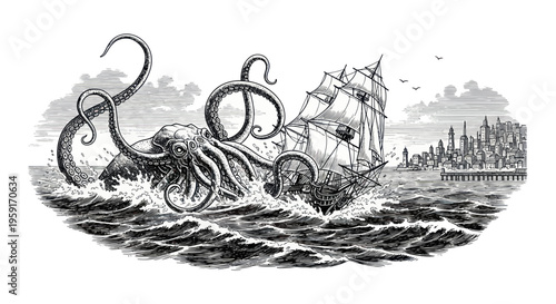 Foto Giant Kraken Attacks Sailing Ship in Stormy Sea