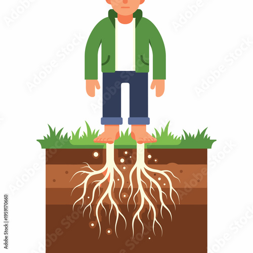 Boy standing on grass with roots.