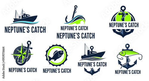 Neptune's Catch Fishing Logos: Boat, Hook, Anchor, Compass, Fish, Lure