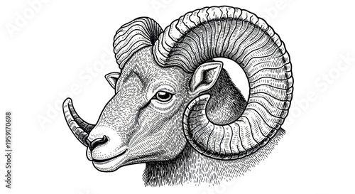Ram Head Silhouette Illustration, Majestic Wild Sheep with Curled Horns, Hand Drawn Sketch