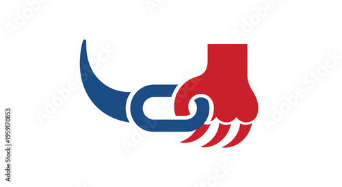 A stylized red lion's paw with sharp claws firmly holds a blue chain link, which is connected to a curved blue horn-like shape on a plain white background.