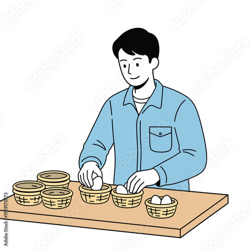 Flat vector illustration of a farmer sorting eggs into baskets, suitable for agriculture, farming, and food production.