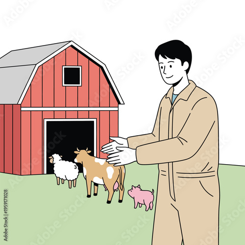 Flat vector illustration of a farmer presenting livestock near a barn, suitable for farm management and agriculture business.