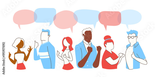 Diverse People Group Talking with Speech Bubbles in Flat Line Art Style for Communication and Social Media Concept