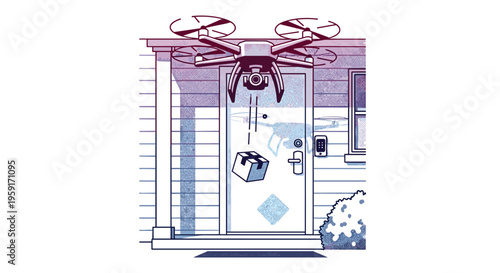 A multi-rotor drone hovers above a house porch, dropping a package towards the front door, rendered with a purple and blue halftone effect.