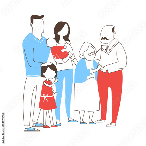 Multigenerational Family Line Art Illustration with Grandparents Parents and Children in Minimalist Flat Design Style
