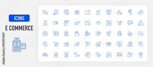 E Commerce icon. Credit Card, 24 Hours Service, Add To Cart, Approved Package, Best Choice, Best Find, Price, Blogging, Buy Online, Cash Machine, Currency, Customer Service, Cut Price vector. 