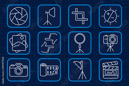 Photography set icon. Magnifier image, camera tripod, geotag camera, studio lighting, umbrella flash, ring lamp, photo gallery, backdrop stand, compact camera, instant camera