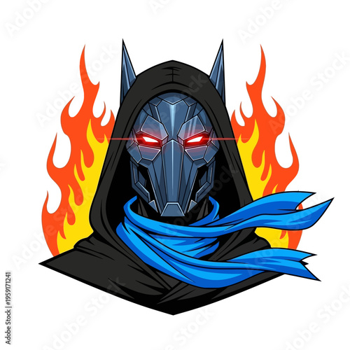 Mysterious Hooded Figure with Glowing Eyes and Blue Scarf.