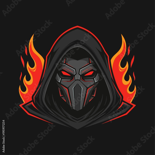 Mysterious hooded figure with glowing red eyes and fiery aura.