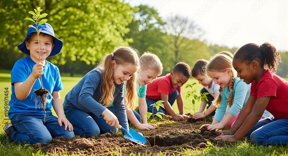Fototapeta premium Diverse Children Planting Saplings for Environmental Awareness