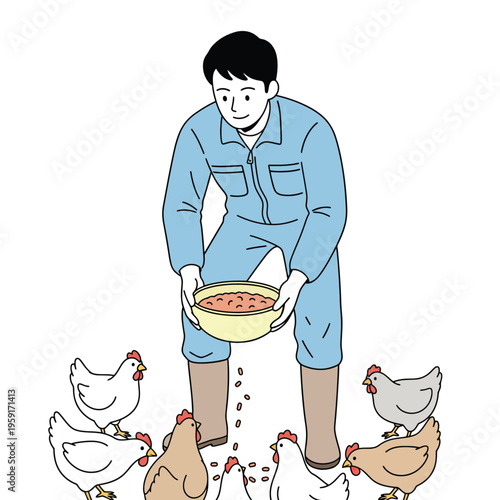 Flat vector illustration of a farmer feeding chickens, suitable for poultry farming and livestock care.