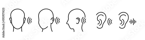Hearing and listening icon set. Collection of icons representing hearing ability, auditory perception, and listening comprehension.
