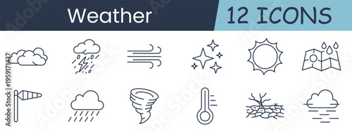 Weather set icon. Clouds, thunderstorm, wind, sparkle sky, sun, map rain, windsock, shower, tornado, thermometer, drought, fog, climate, forecast, temperature