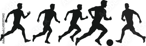 Set of soccer player silhouettes running and dribbling a ball isolated on white background