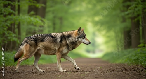 Gray Wolf Walking on Forest Path, Lush Green Trees, Nature Wildlife