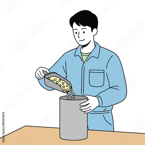 Flat vector illustration of a worker pouring mixed grains into a container, suitable for feed preparation and agriculture process.
